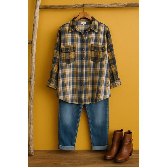 POL Oversized Plaid Patchwork Shirt Stud Detail Tab Sleeve Button Down M - Picture 1 of 10